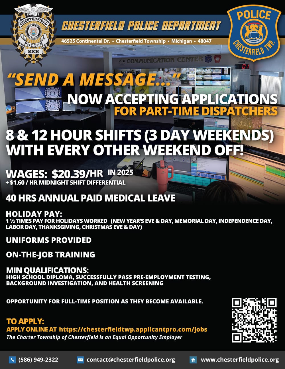 Chesterfield Township Police Department dispatcher recruiting flyer: now accepting applications for part-time dispatchers, 8 and 12 hour shifts with every other weekend off, $20.39 per hour in 2025 plus midnight shift differential