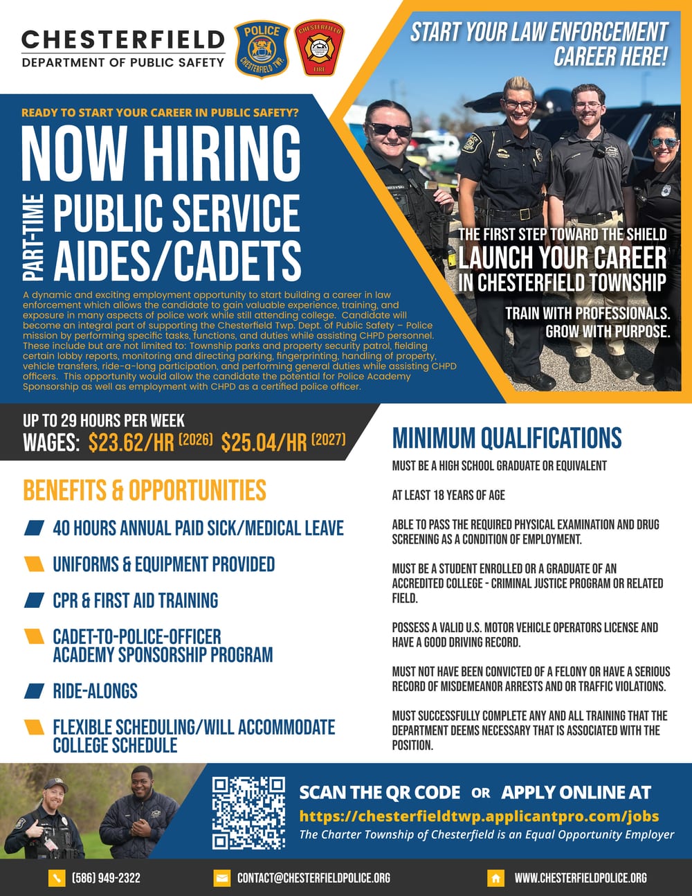 2026 Chesterfield Township Police Department cadet recruiting flyer: now hiring part-time public service aides and cadets, up to 29 hours per week, $23.62 per hour in 2026 and $25.04 per hour in 2027