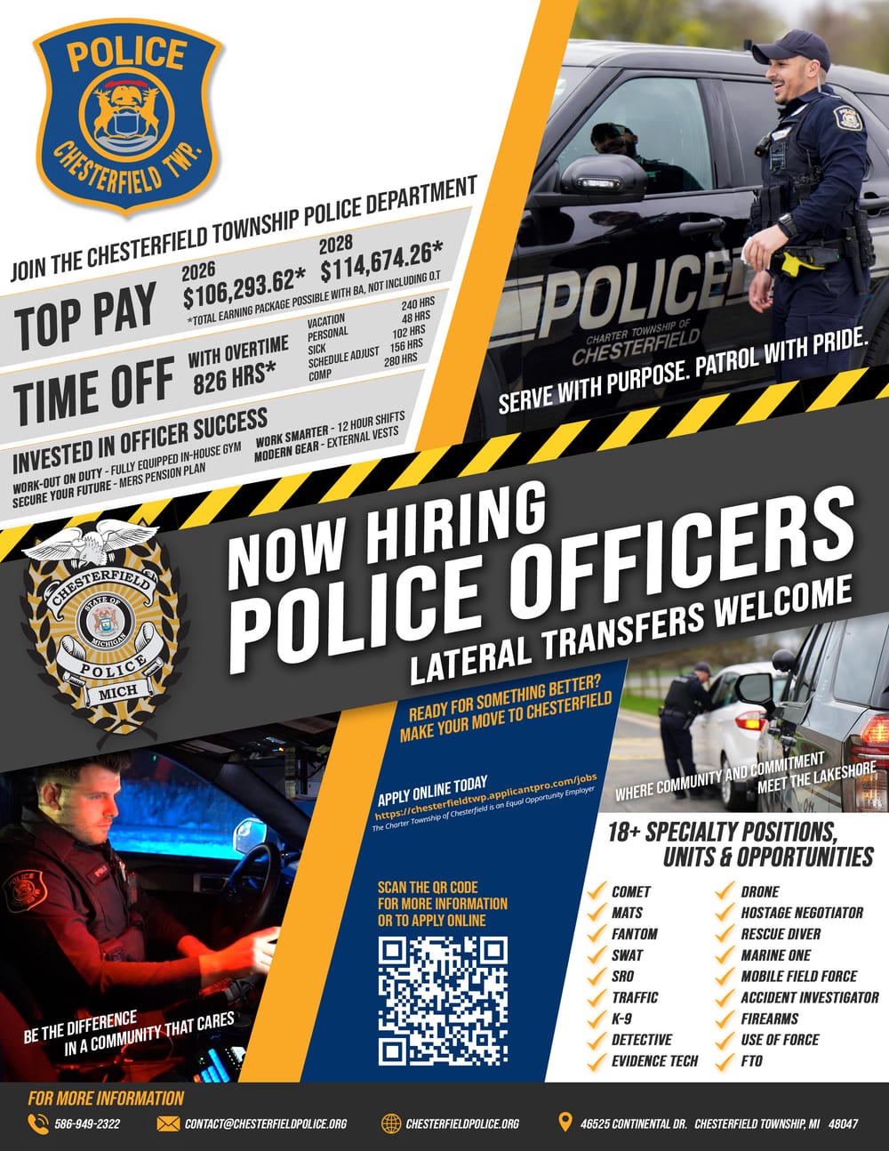 2026 Chesterfield Township Police Department police officer recruiting flyer: now hiring police officers, lateral transfers welcome, top pay $106,293.62 in 2026 and $114,674.26 in 2028, 826 hours of time off with overtime