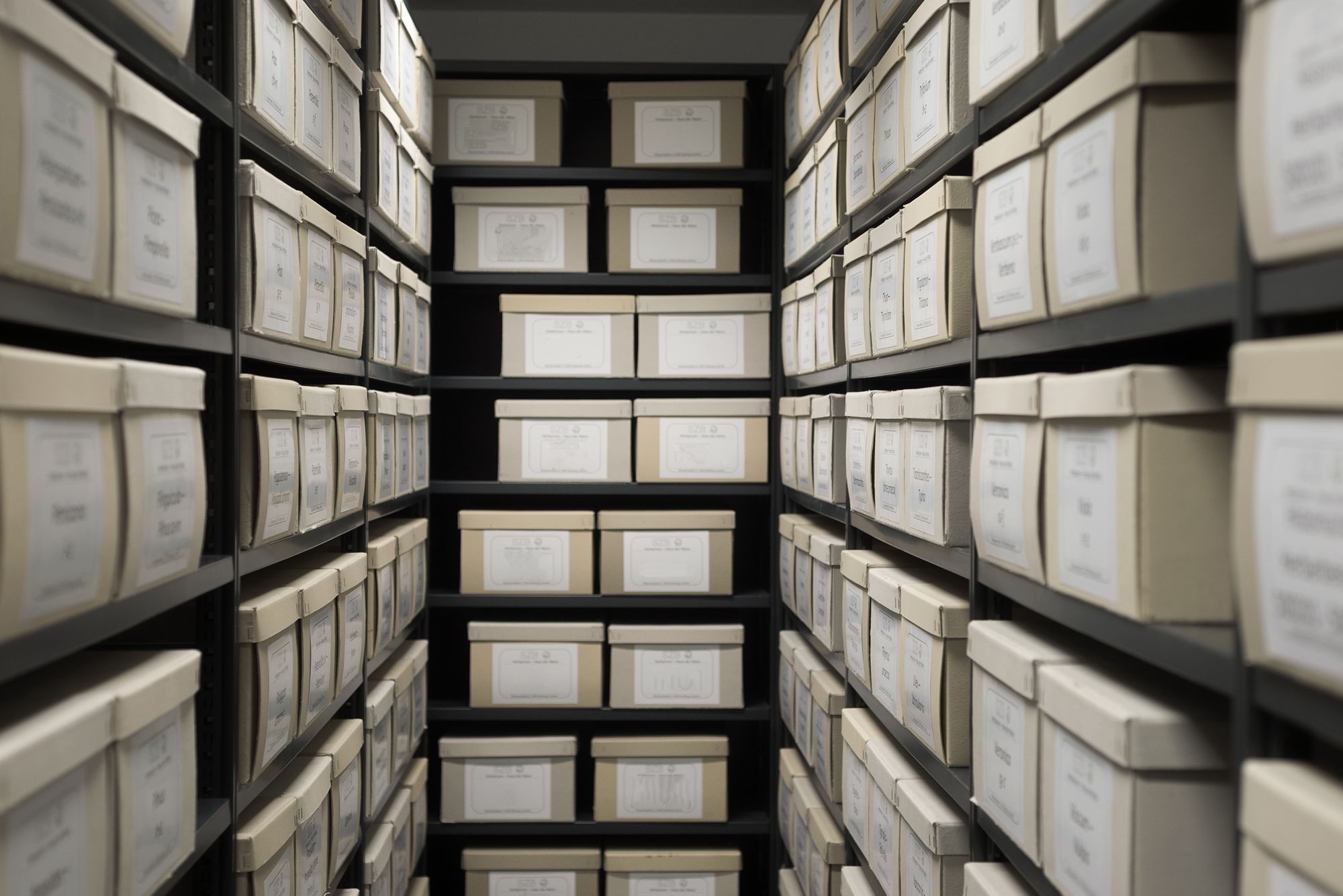Boxed and labeled evidence on storage shelves