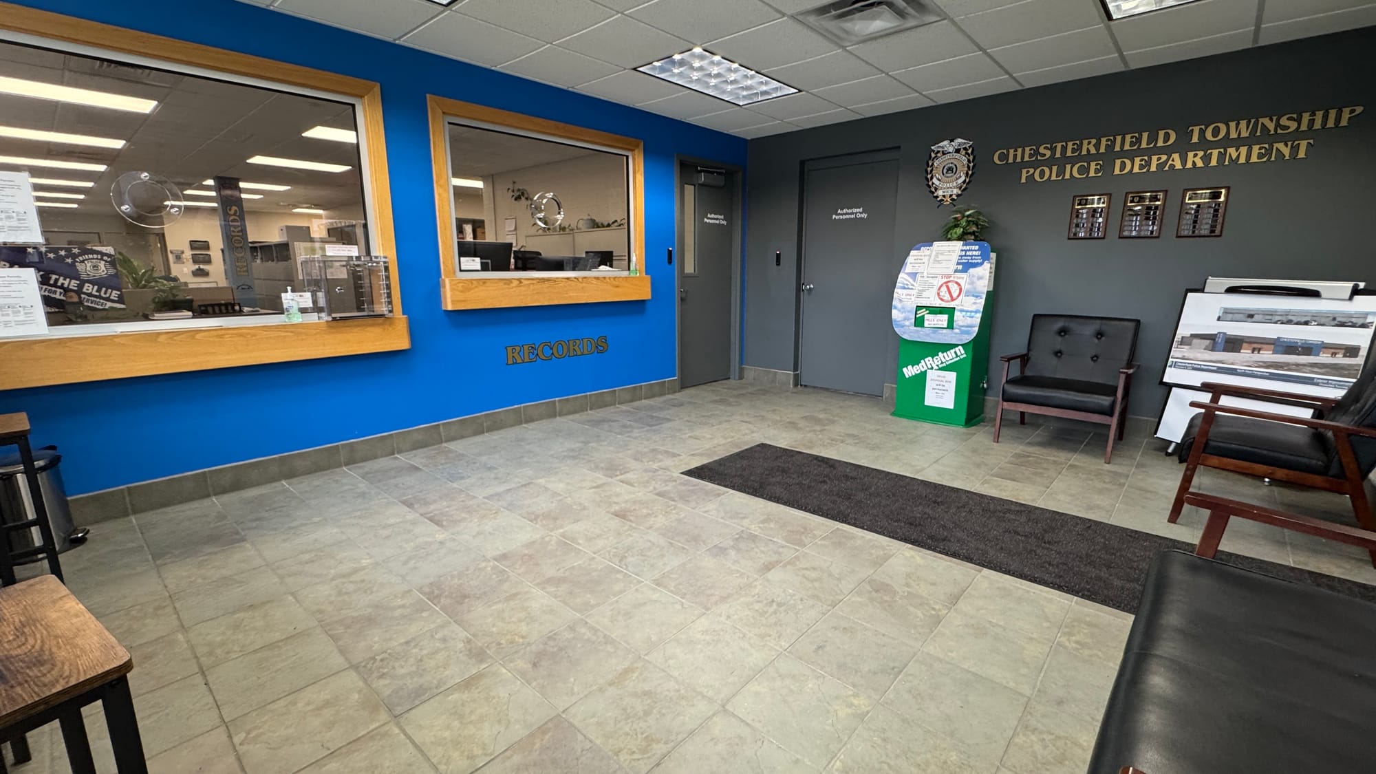 Main lobby and Records Department service windows at the Chesterfield Township police station