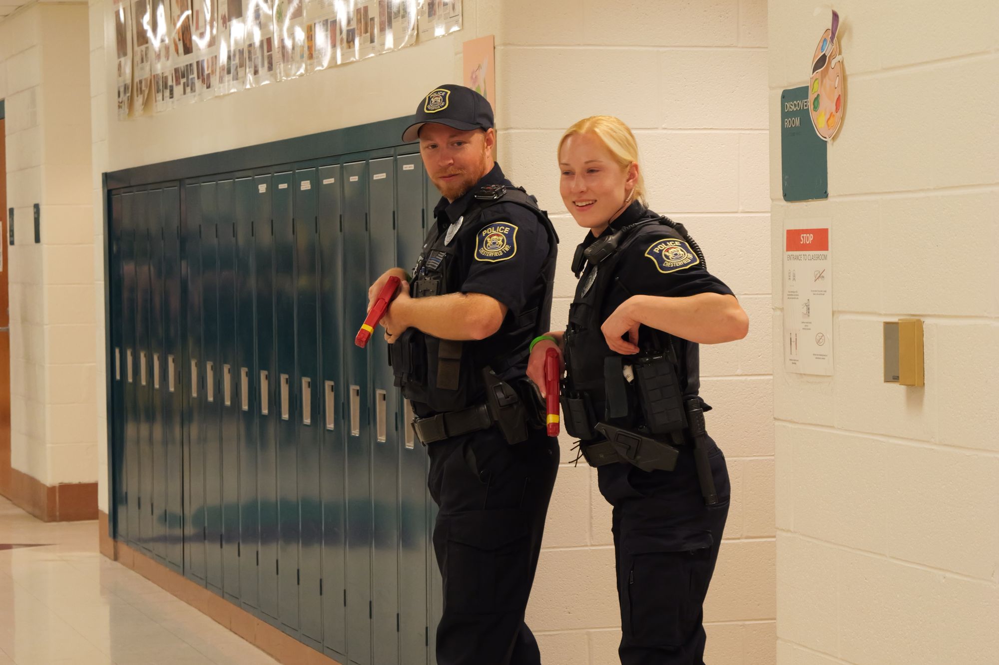 Chesterfield Township officers during active shooter response training in a school hallway