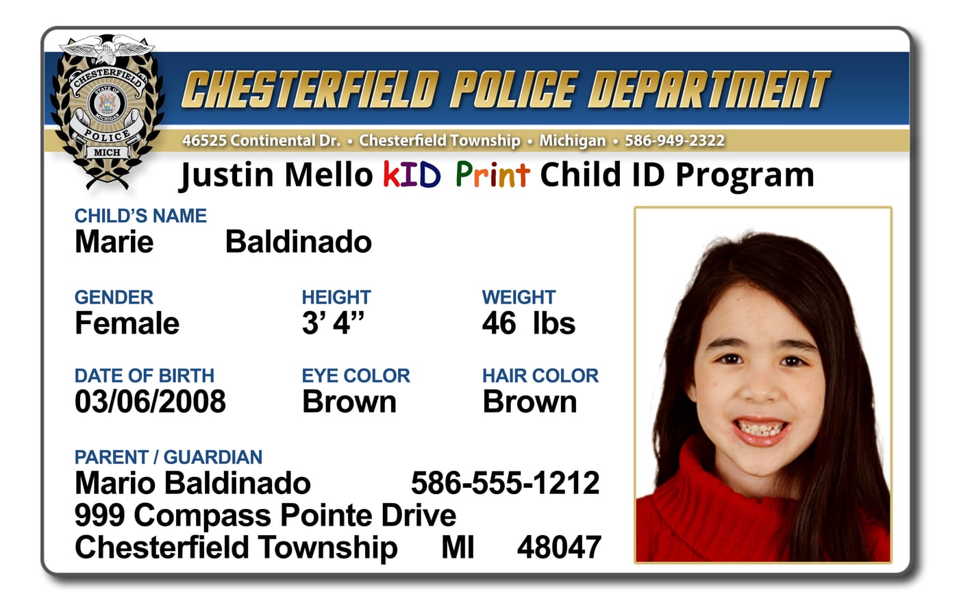 Sample Justin Mello kID Print child ID card