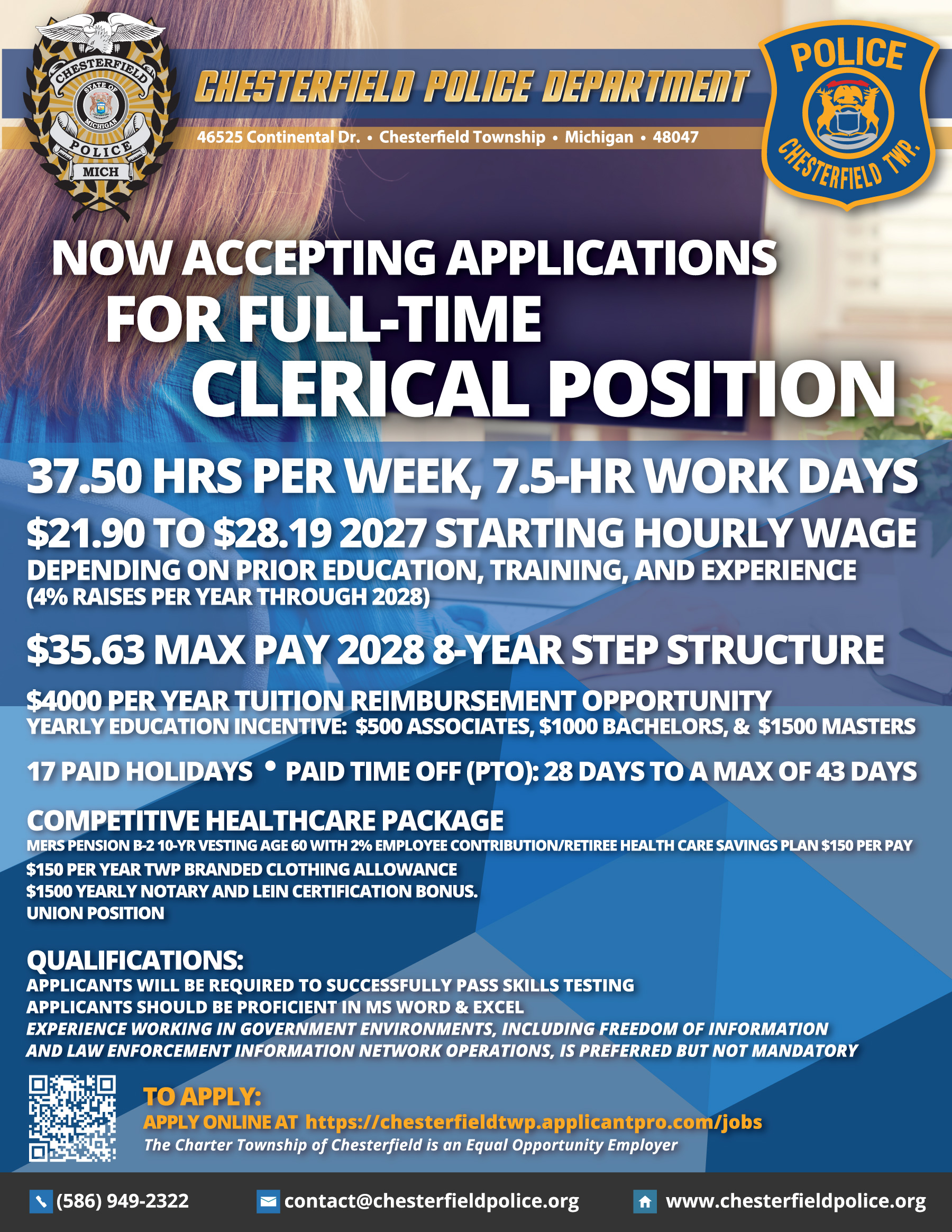 Now Accepting Applications For a Full-Time Public Safety Assistant / Clerical Position