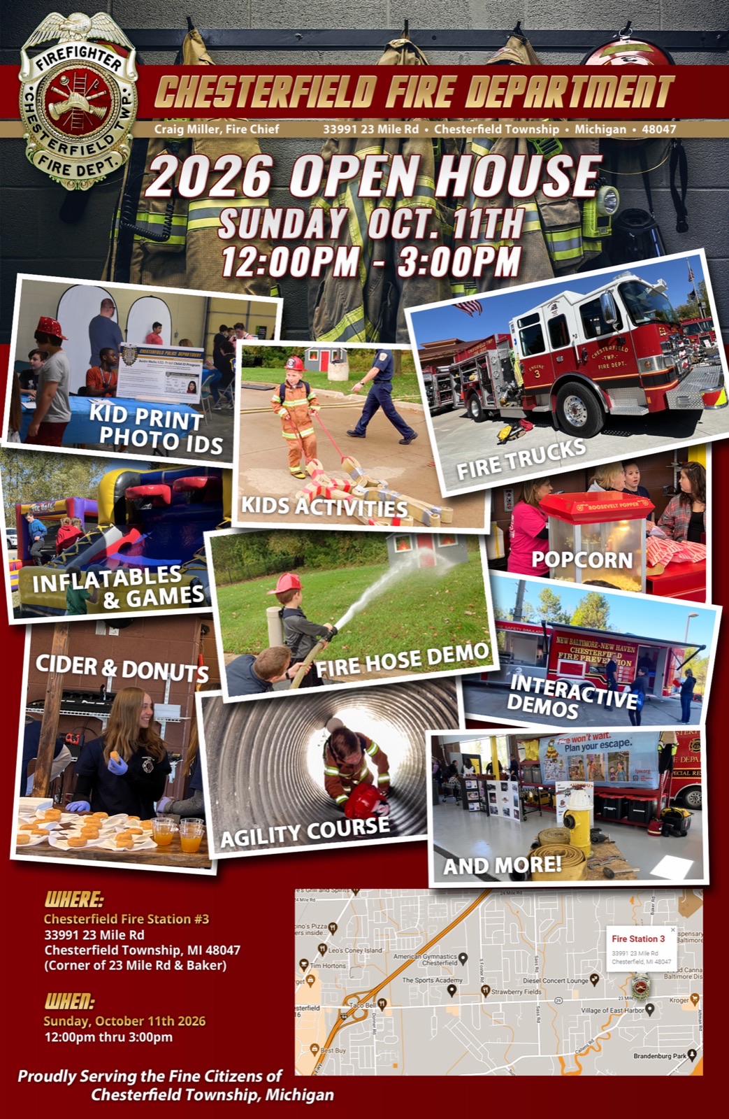 Chesterfield Fire Department 2026 Open House flyer: Sunday, October 11, 12 to 3 PM at Fire Station 3, 33991 23 Mile Rd