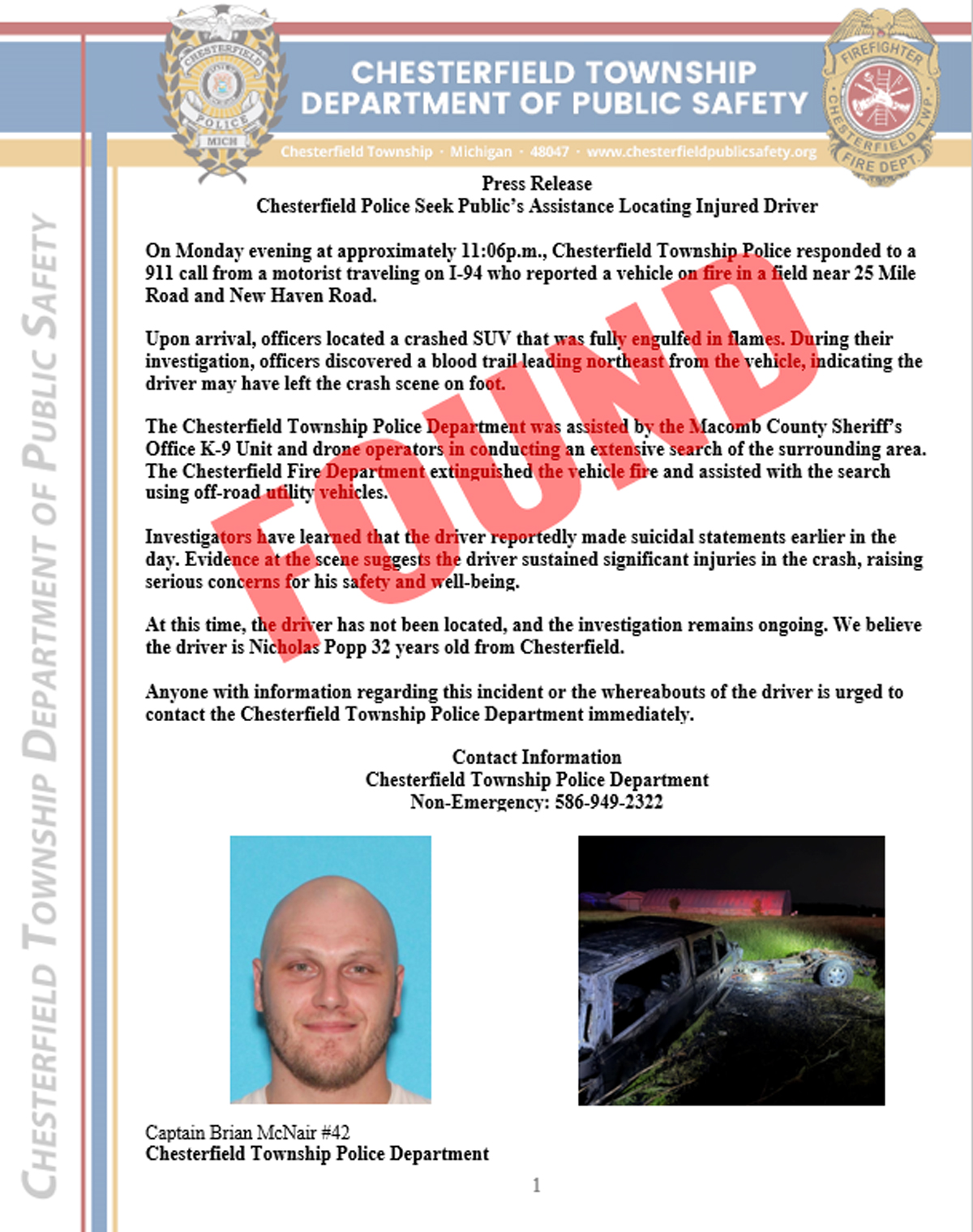 PRESS RELEASE: Chesterfield Police Seek Assistance Locating Injured Driver – FOUND